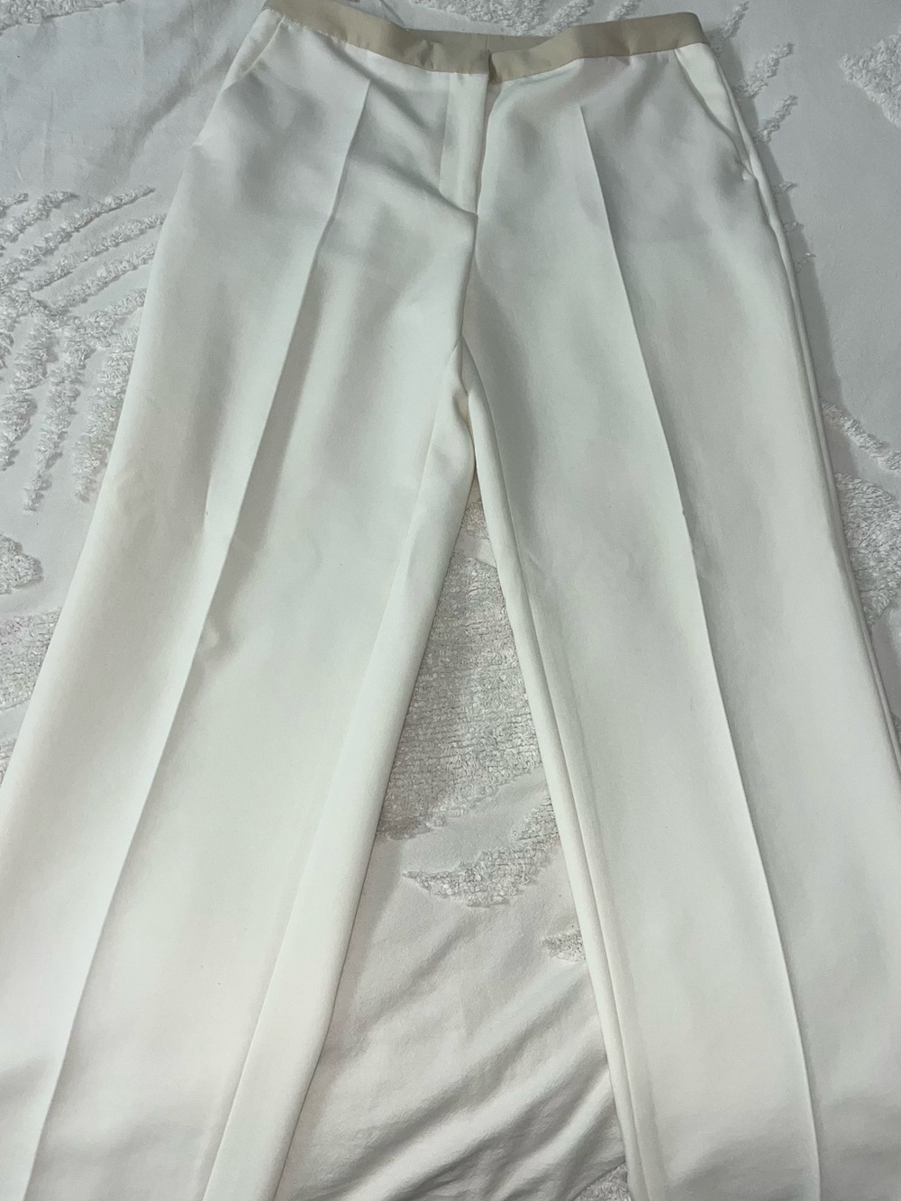 Zara White Wide-Leg Trousers with Tan Waistband